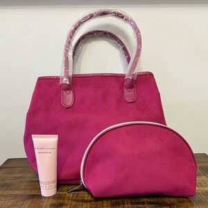 Ralph Lauren Pink Suede Tote & Cosmetic Case and Romance Body Moisturizer